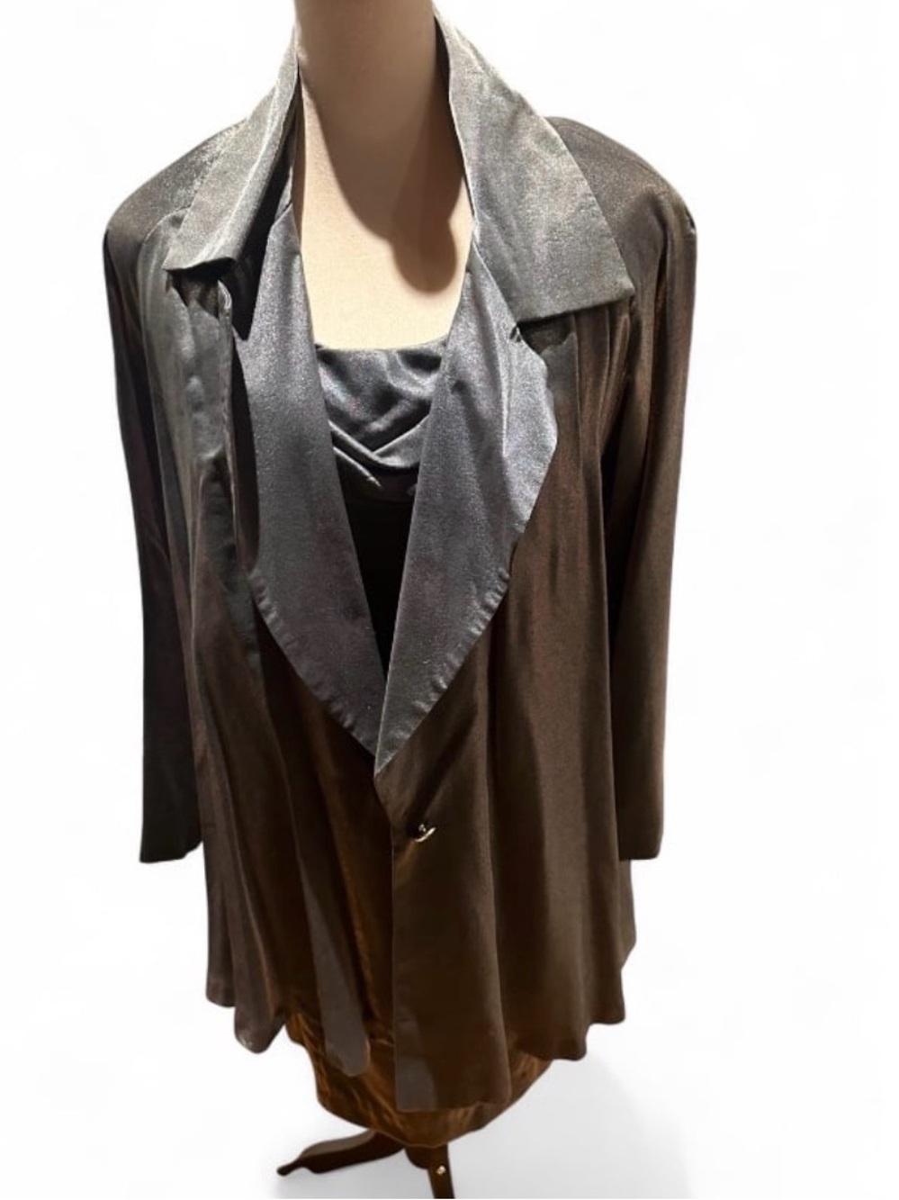 Vintage 90s JM Metallic Gunmetal Off Shoulder Midi Dress and Jacket Set